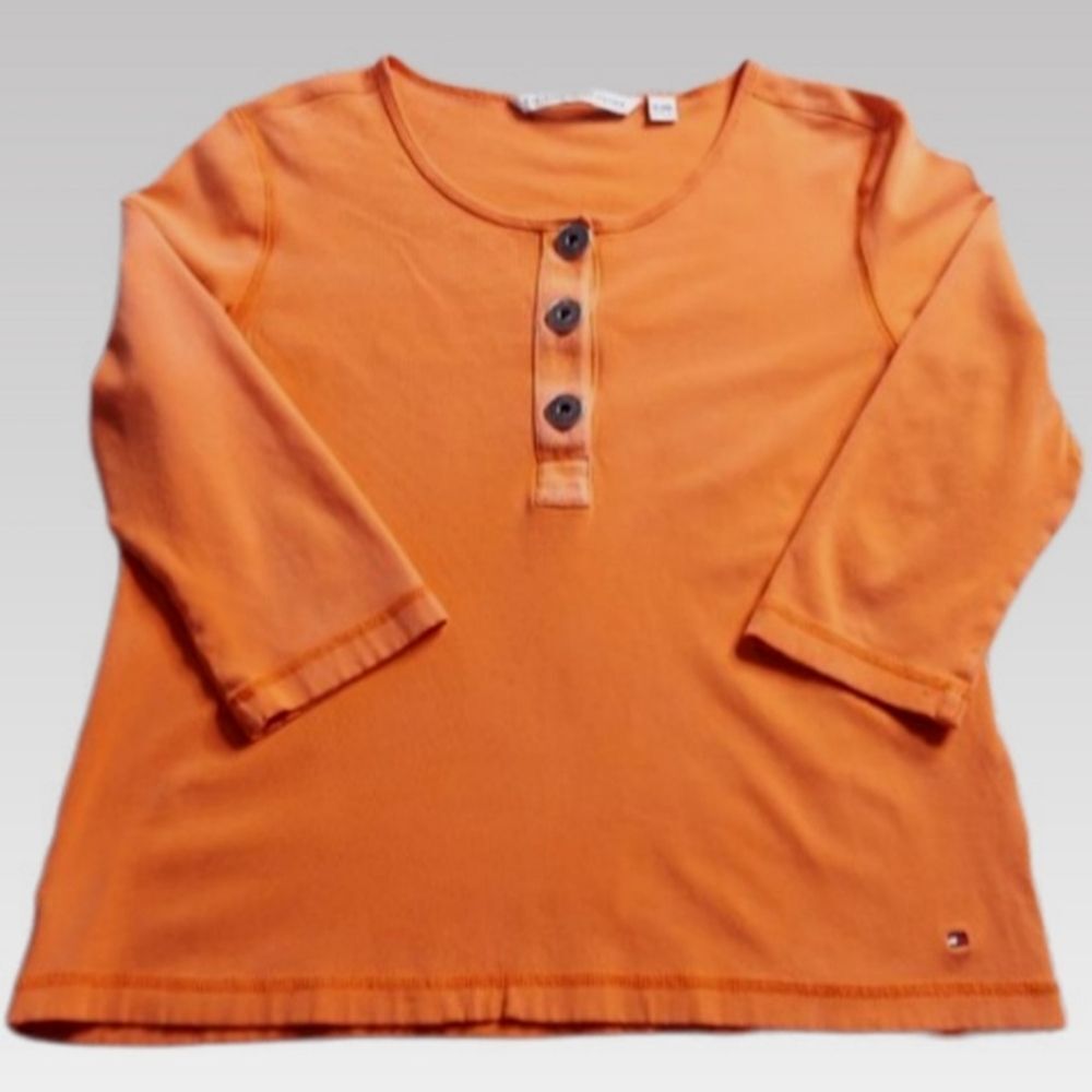 Tommy Hilfiger Vintage Henley XL Orange Cotton Large Button 3/4 Sleeve Shirt